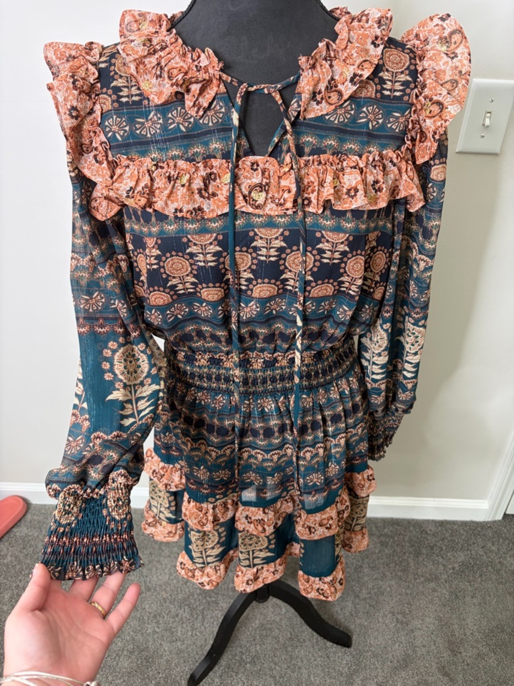 NWT AUREUM Teal and Peach Ruffled Long-Sleeve Tiered Mini Dress - Picture 2 of 9